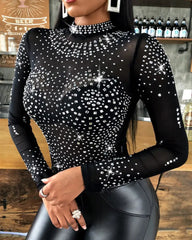 Hnewly Woman Tshirts Studded Long Sleeve Bodysuit Sexy Mesh Tops Autumn Best Seller Aesthetic