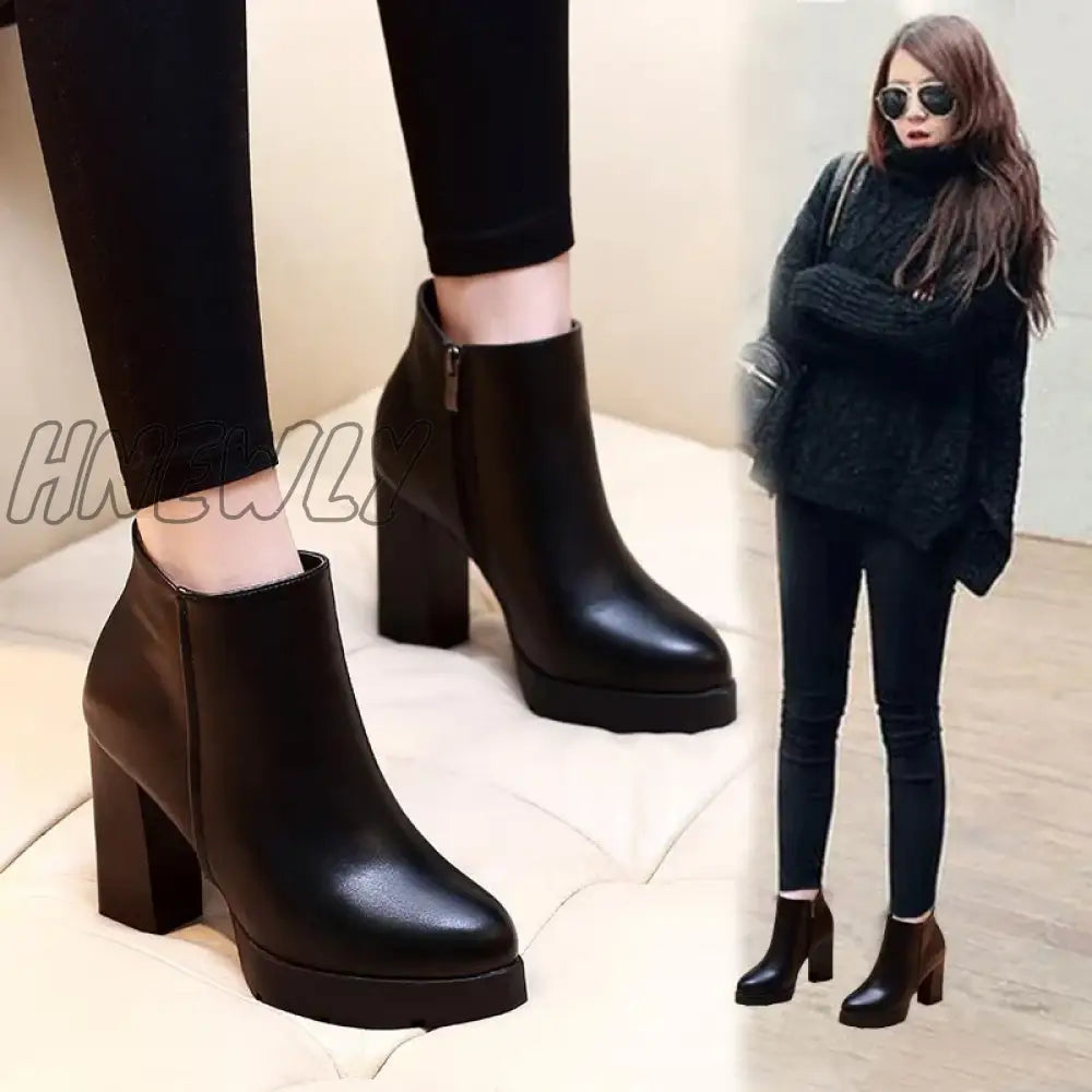 Hnewly Women Ankle Boots Autumn Winter Martin 10Cm High Heels Platform Sexy Ladies Black Pumps Shoes