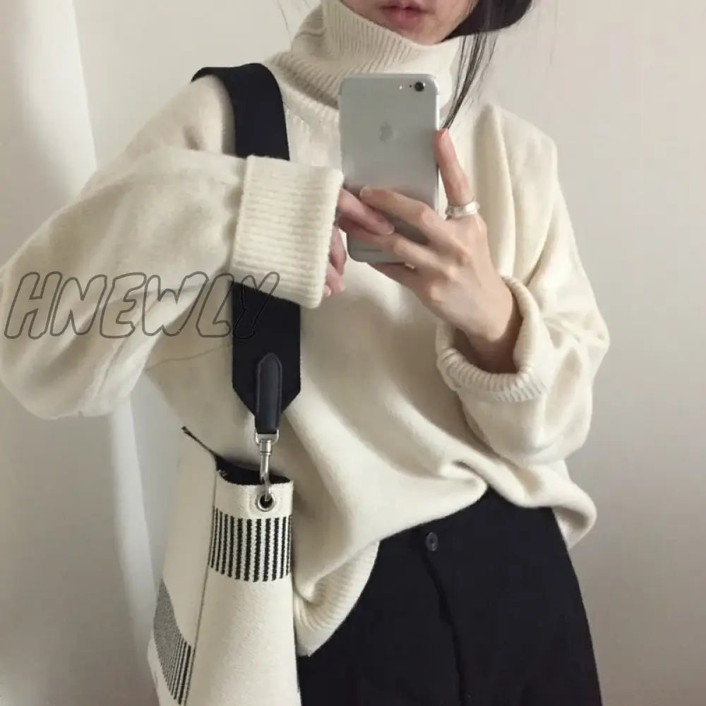 Hnewly Women Autumn Winter Cashmere Turtleneck White Sweater Knitted Pullovers Long Sleeve Elegant