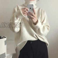 Hnewly Women Autumn Winter Cashmere Turtleneck White Sweater Knitted Pullovers Long Sleeve Elegant