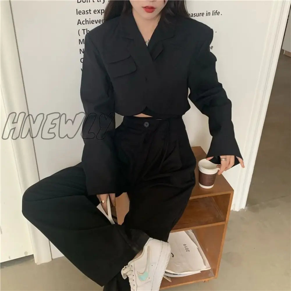 Hnewly Women Blazers Slim Crop Tops Solid Suits Gothic Hipsters Harajuku Streetwear All - Match