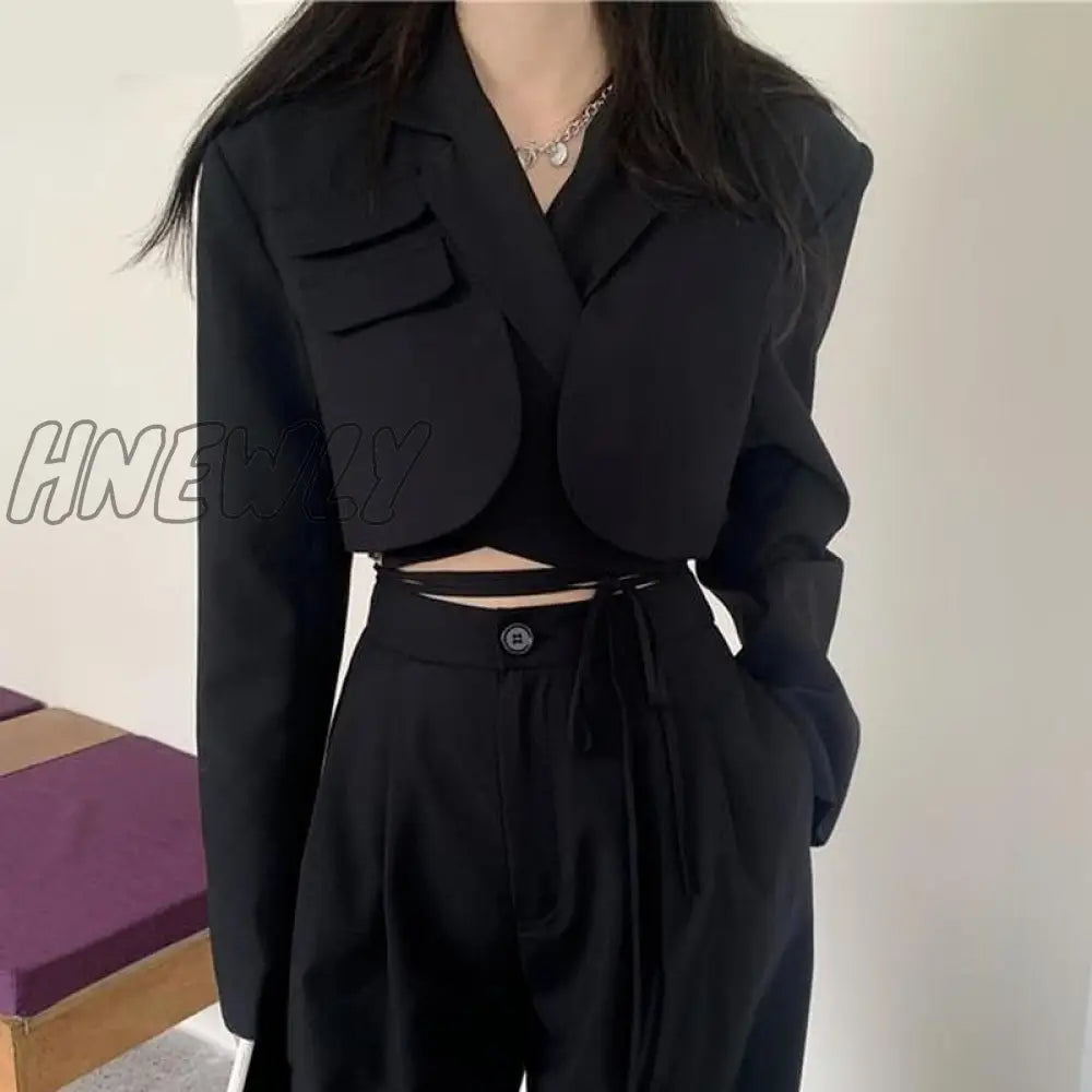 Hnewly Women Blazers Slim Crop Tops Solid Suits Gothic Hipsters Harajuku Streetwear All - Match