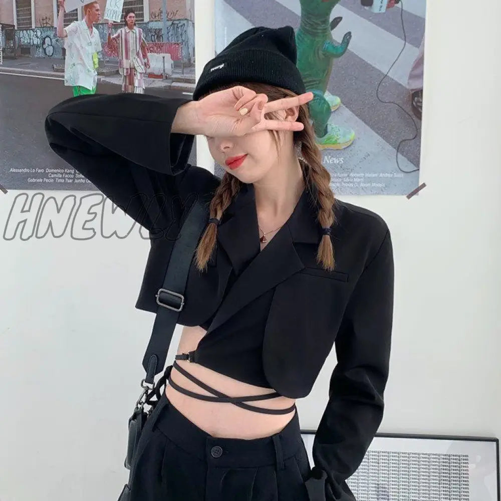 Hnewly Women Blazers Slim Crop Tops Solid Suits Gothic Hipsters Harajuku Streetwear All - Match