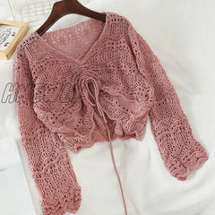 Hnewly Women Blouse Korean Style Autumn Spring New Loose V - Neck Hollow Out Drawstring Pleated