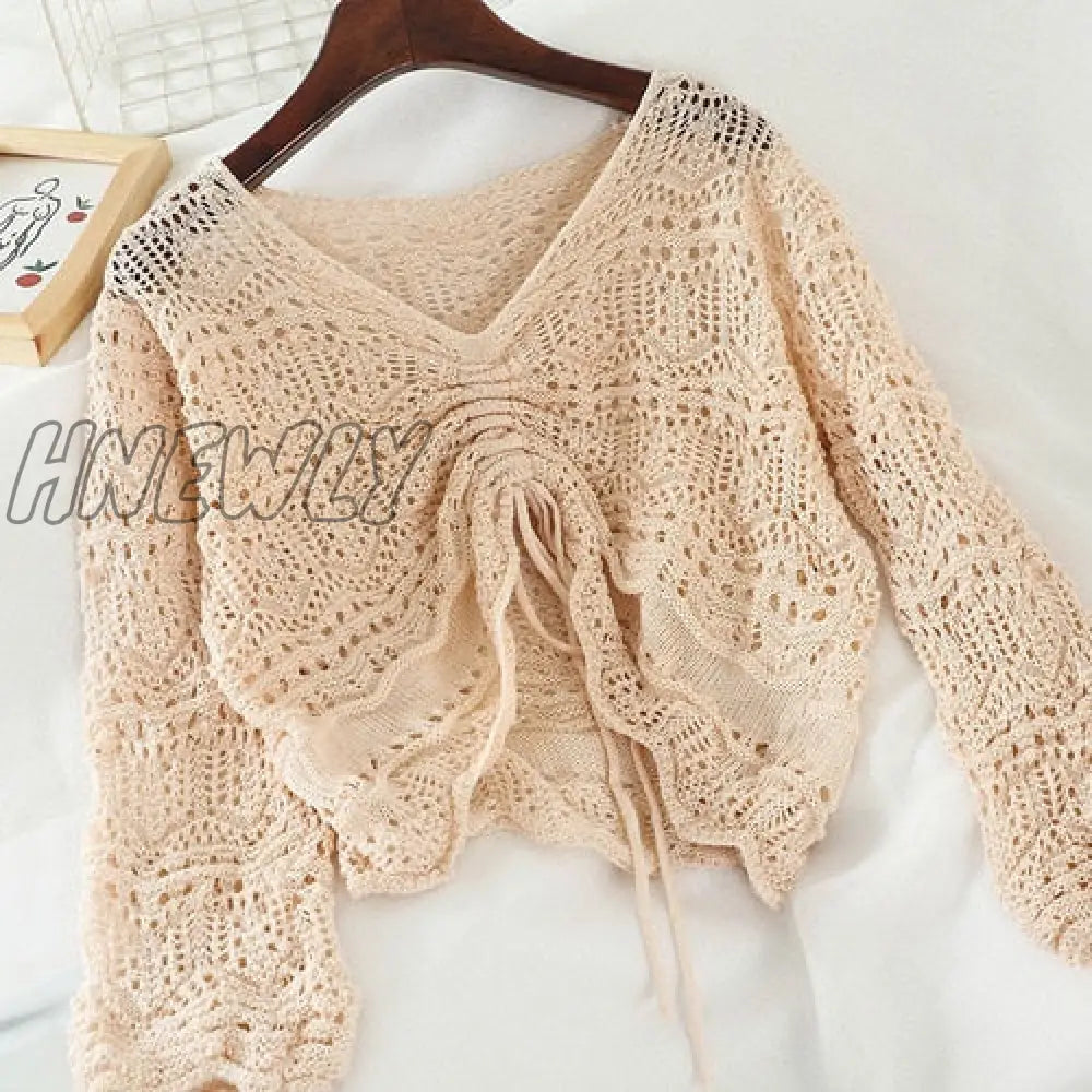 Hnewly Women Blouse Korean Style Autumn Spring New Loose V - Neck Hollow Out Drawstring Pleated