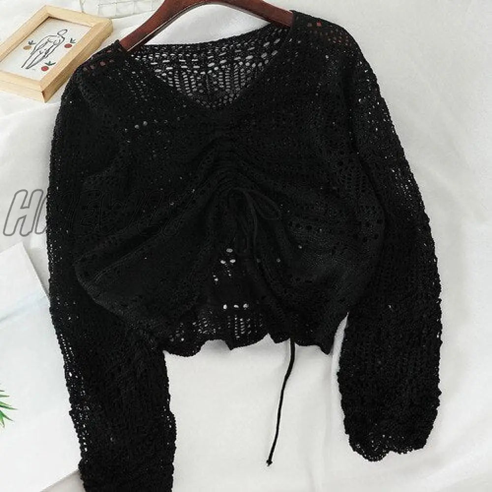 Hnewly Women Blouse Korean Style Autumn Spring New Loose V - Neck Hollow Out Drawstring Pleated