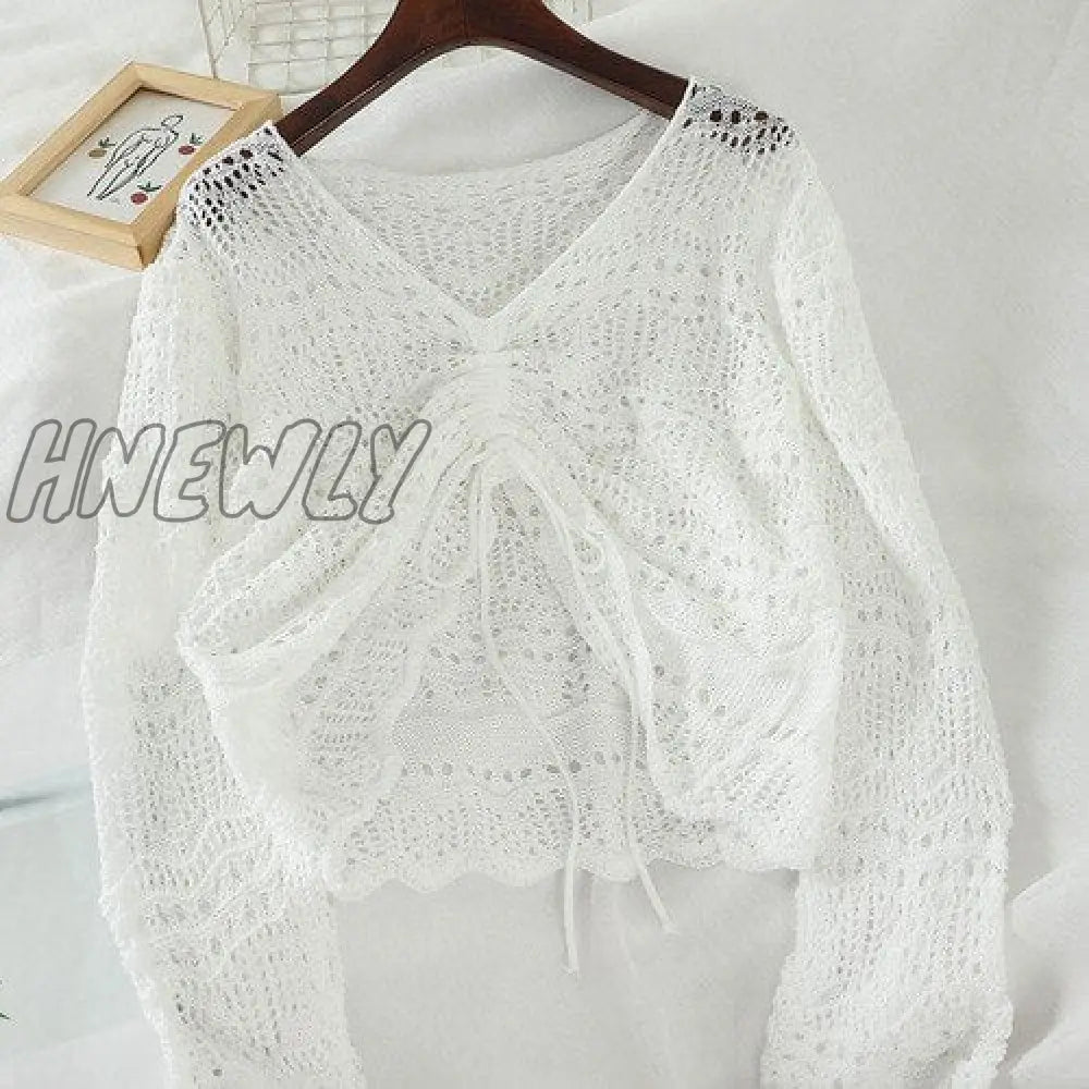 Hnewly Women Blouse Korean Style Autumn Spring New Loose V - Neck Hollow Out Drawstring Pleated