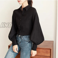 Hnewly Women Blouse Vintage Turn-Down Collar Spring Autumn Lantern Sleeve Women Shirts White Tops