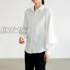 Hnewly Women Blouse Vintage Turn-Down Collar Spring Autumn Lantern Sleeve Women Shirts White Tops