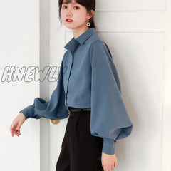 Hnewly Women Blouse Vintage Turn-Down Collar Spring Autumn Lantern Sleeve Women Shirts White Tops