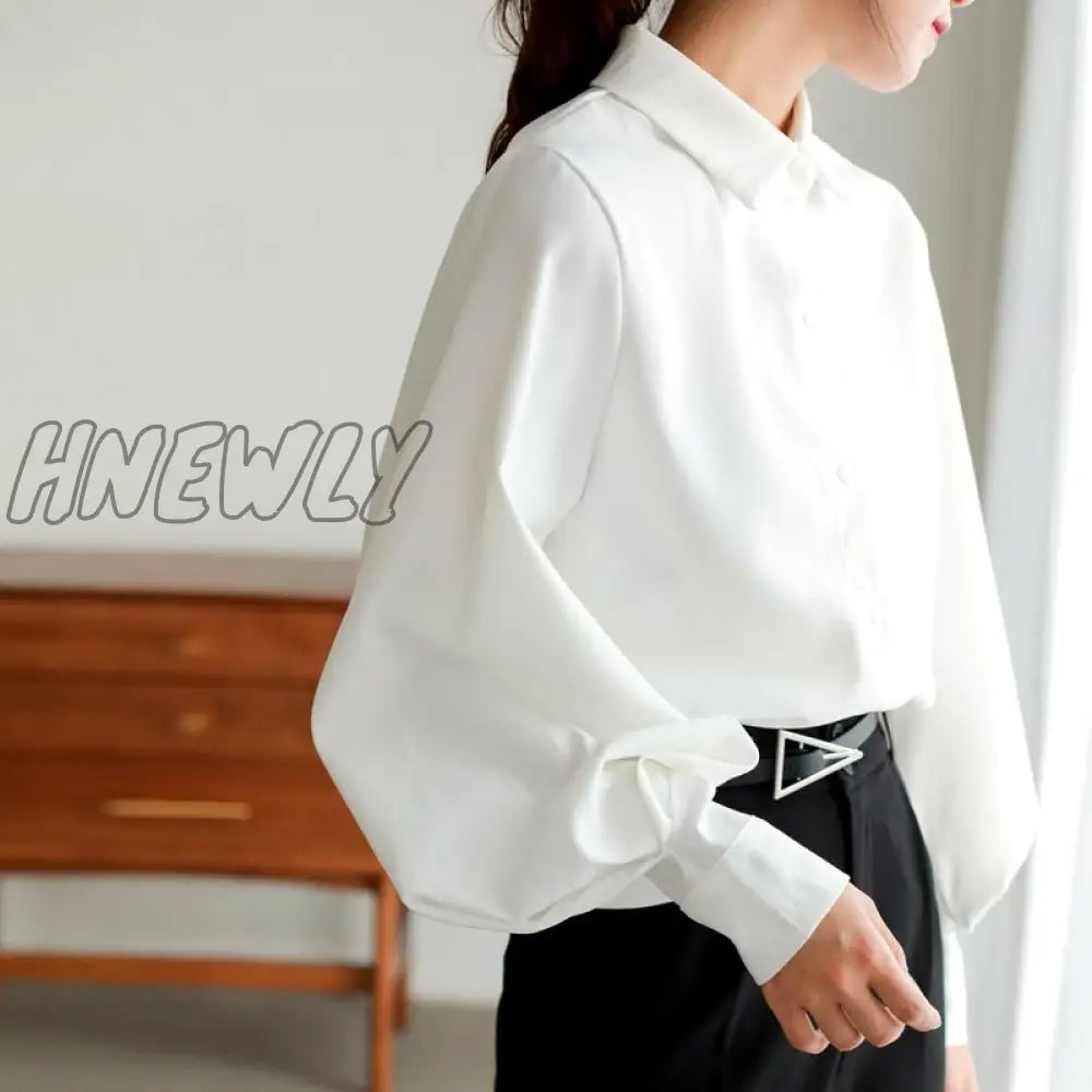 Hnewly Women Blouse Vintage Turn-Down Collar Spring Autumn Lantern Sleeve Women Shirts White Tops