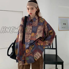 Hnewly Women Blouses Casual Print Shirts Loose Turn - Down Collar Button Up Korean Style Vintage