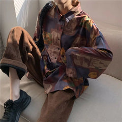 Hnewly Women Blouses Casual Print Shirts Loose Turn - Down Collar Button Up Korean Style Vintage