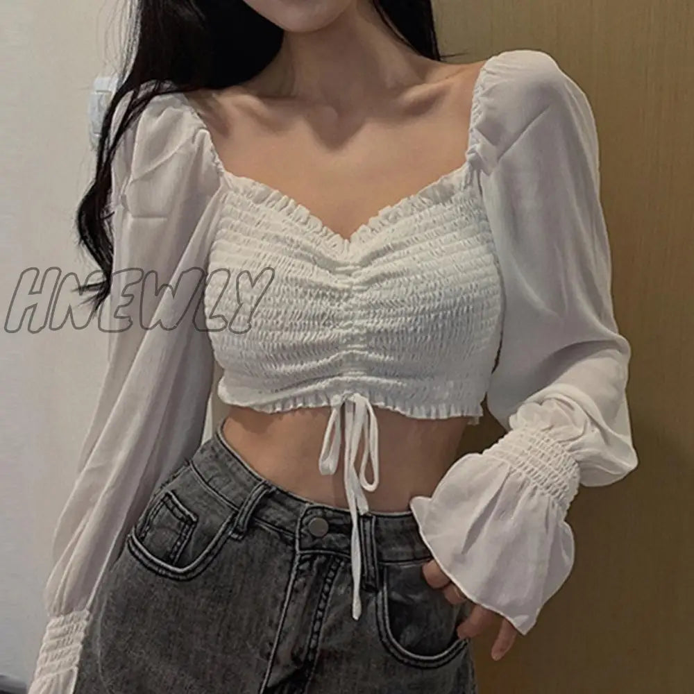 Hnewly Women Blouses Solid Color Square Collar Shirts Pleated Pull-Out Sexy Long-Sleeved Chiffon