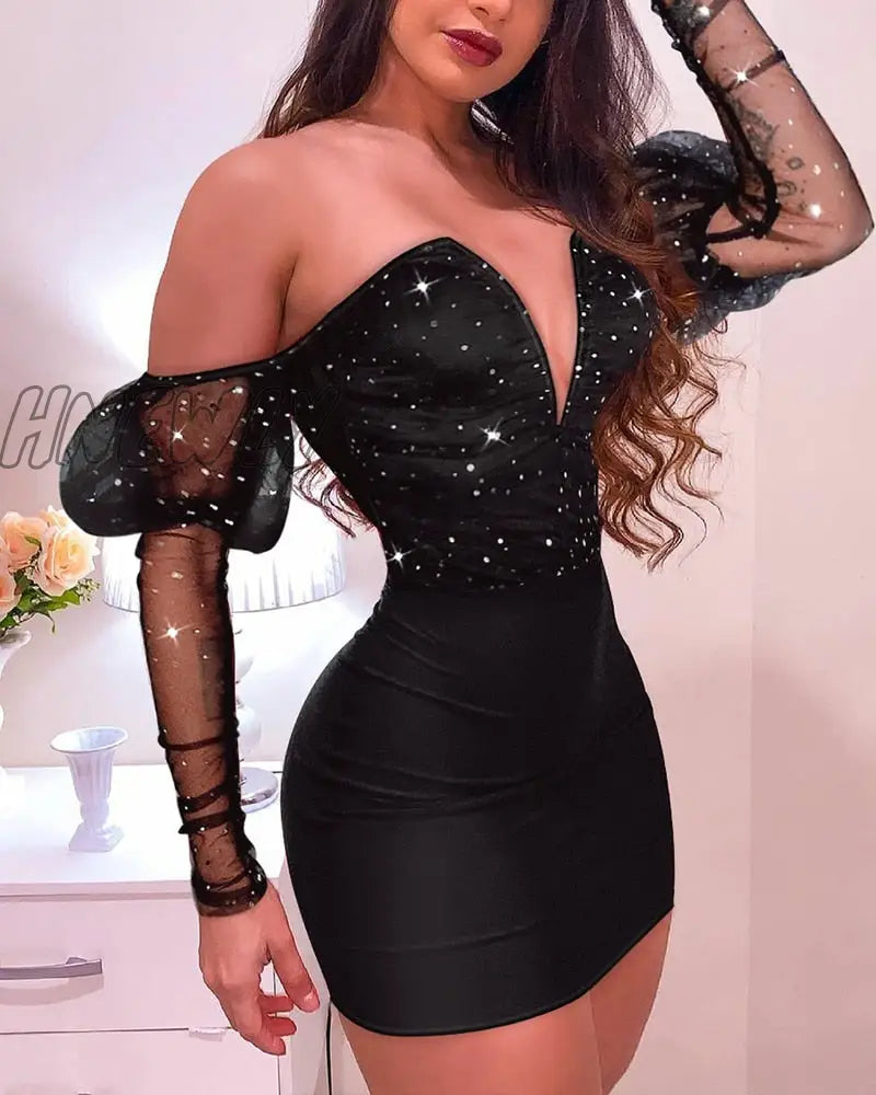 Hnewly Women Bodycon Dress Sexy Off Shoulder V Neck Night Club Mini Glitter Mesh Splicing Party Bar