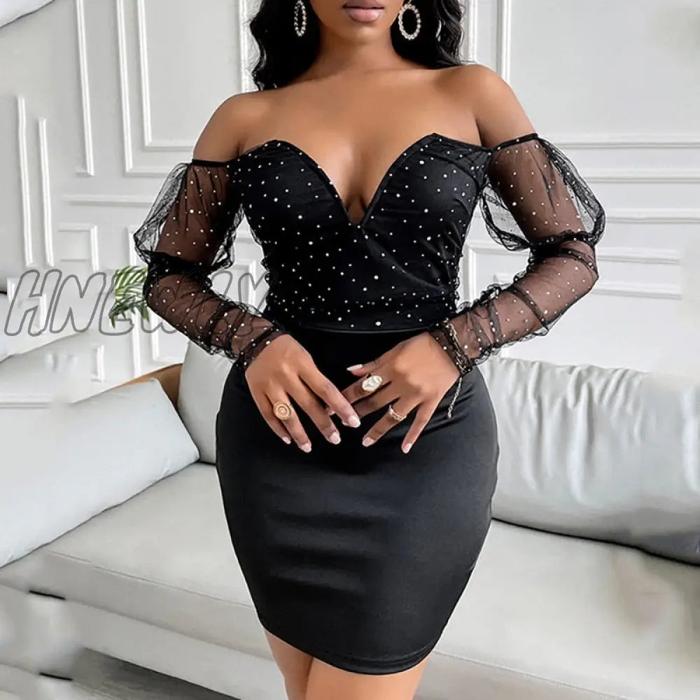 Hnewly Women Bodycon Dress Sexy Off Shoulder V Neck Night Club Mini Glitter Mesh Splicing Party Bar