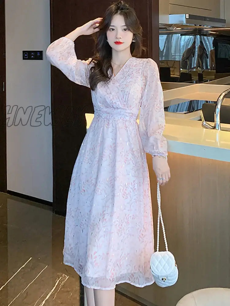 Hnewly Women Boho Pink Print Casual Beach Long Dress Spring Autumn Elegant Chic Holiday Vestidos