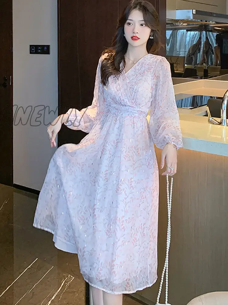 Hnewly Women Boho Pink Print Casual Beach Long Dress Spring Autumn Elegant Chic Holiday Vestidos