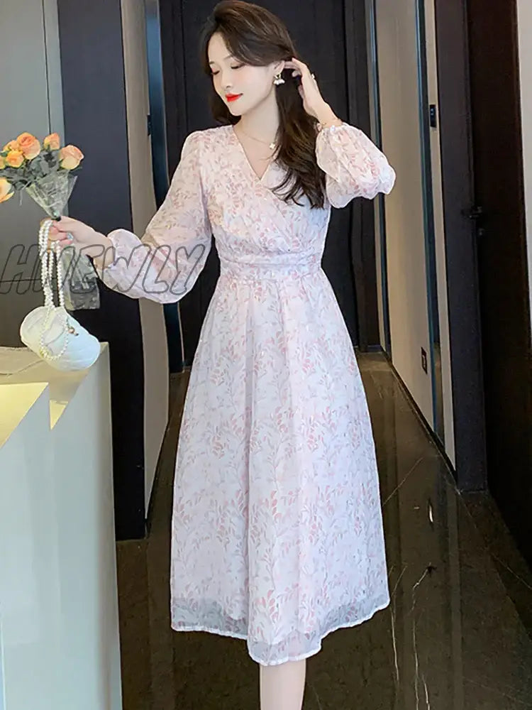 Hnewly Women Boho Pink Print Casual Beach Long Dress Spring Autumn Elegant Chic Holiday Vestidos