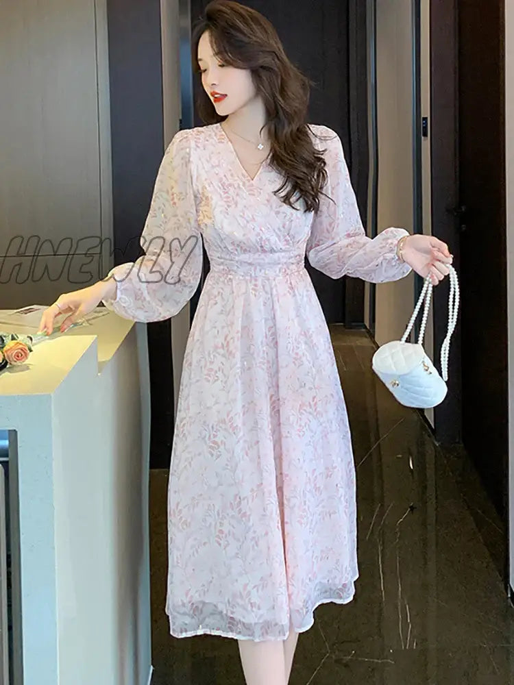 Hnewly Women Boho Pink Print Casual Beach Long Dress Spring Autumn Elegant Chic Holiday Vestidos