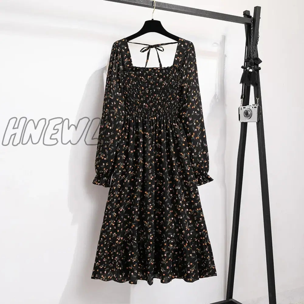 Hnewly Women Casual Chiffon Dresses Autumn Spring Fashion Female Long Sleeve Printed Floral Elastic