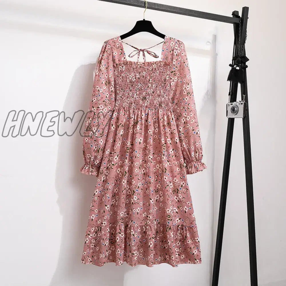 Hnewly Women Casual Chiffon Dresses Autumn Spring Fashion Female Long Sleeve Printed Floral Elastic