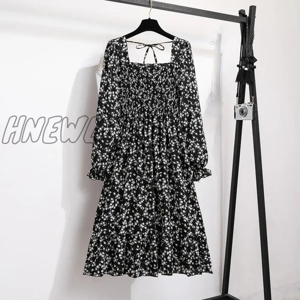 Hnewly Women Casual Chiffon Dresses Autumn Spring Fashion Female Long Sleeve Printed Floral Elastic