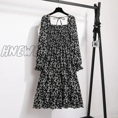 Hnewly Women Casual Chiffon Dresses Autumn Spring Fashion Female Long Sleeve Printed Floral Elastic