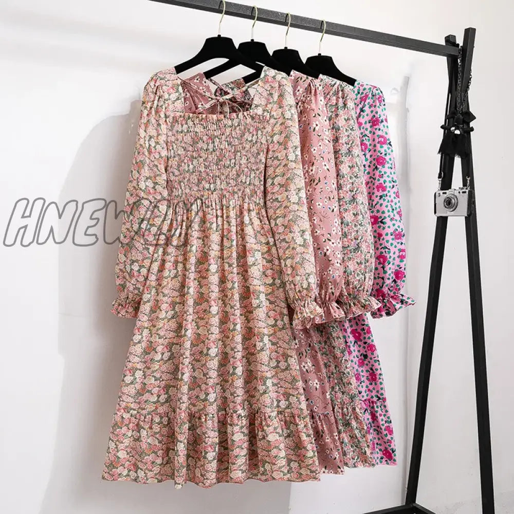 Hnewly Women Casual Chiffon Dresses Autumn Spring Fashion Female Long Sleeve Printed Floral Elastic