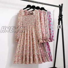 Hnewly Women Casual Chiffon Dresses Autumn Spring Fashion Female Long Sleeve Printed Floral Elastic