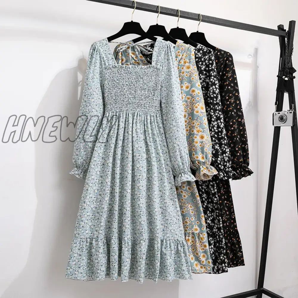 Hnewly Women Casual Chiffon Dresses Autumn Spring Fashion Female Long Sleeve Printed Floral Elastic