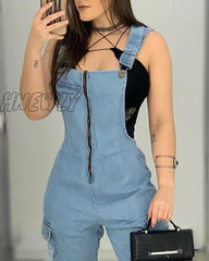 Hnewly Women Casual Fashion Denim Jumpsuits Overalls Long Rompers Zip Front Suspender Jeans Thick