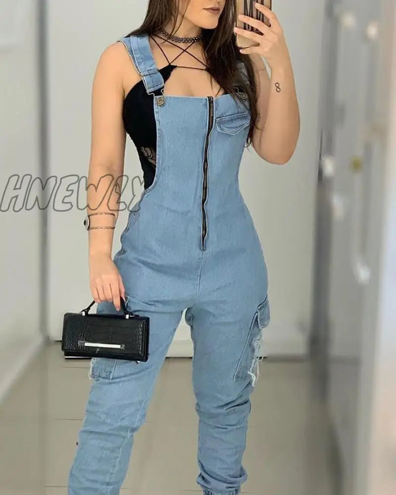 Hnewly Women Casual Fashion Denim Jumpsuits Overalls Long Rompers Zip Front Suspender Jeans Thick