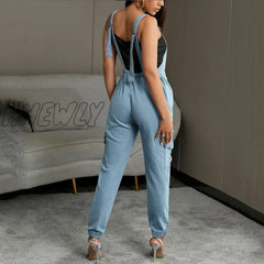 Hnewly Women Casual Fashion Denim Jumpsuits Overalls Long Rompers Zip Front Suspender Jeans Thick