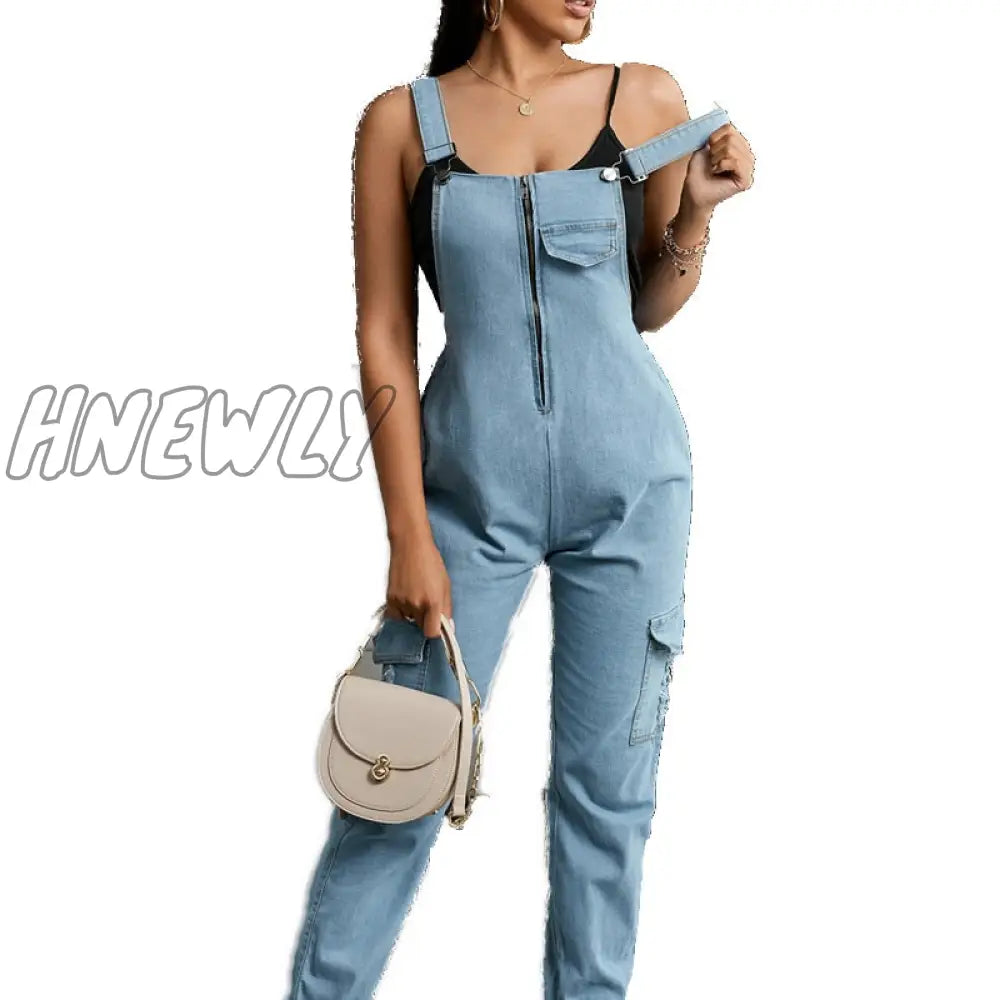 Hnewly Women Casual Fashion Denim Jumpsuits Overalls Long Rompers Zip Front Suspender Jeans Thick