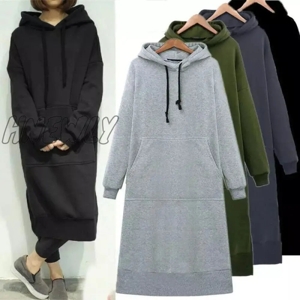 Hnewly Women Casual Hooded Dress Solid Drawsting Long Sleeve Sweatshirts Autumn Winter Oversized