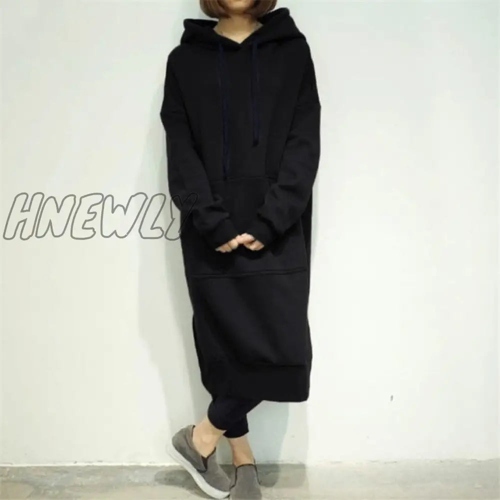 Hnewly Women Casual Hooded Dress Solid Drawsting Long Sleeve Sweatshirts Autumn Winter Oversized