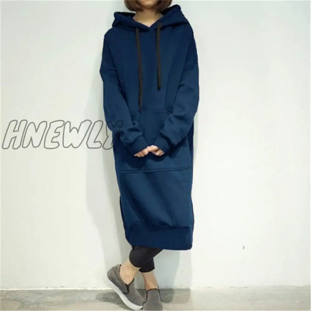 Hnewly Women Casual Hooded Dress Solid Drawsting Long Sleeve Sweatshirts Autumn Winter Oversized