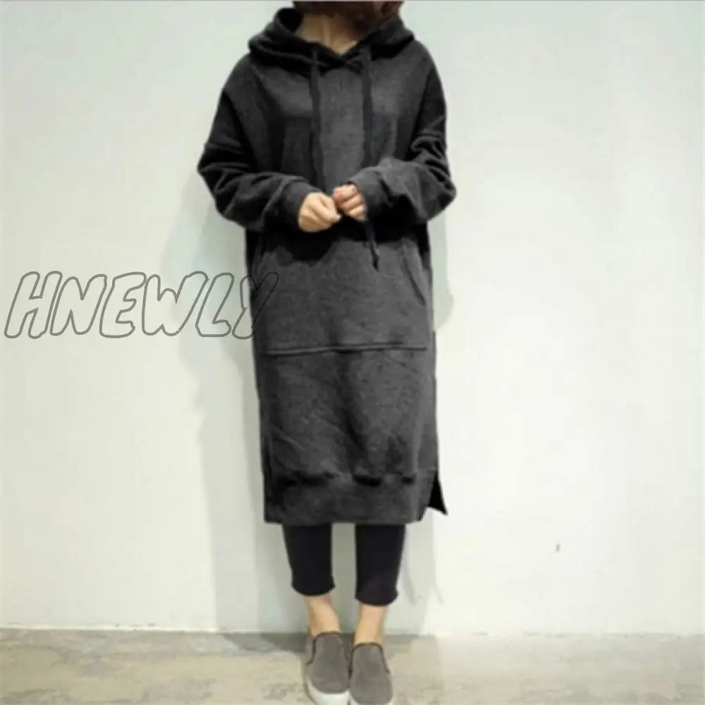 Hnewly Women Casual Hooded Dress Solid Drawsting Long Sleeve Sweatshirts Autumn Winter Oversized