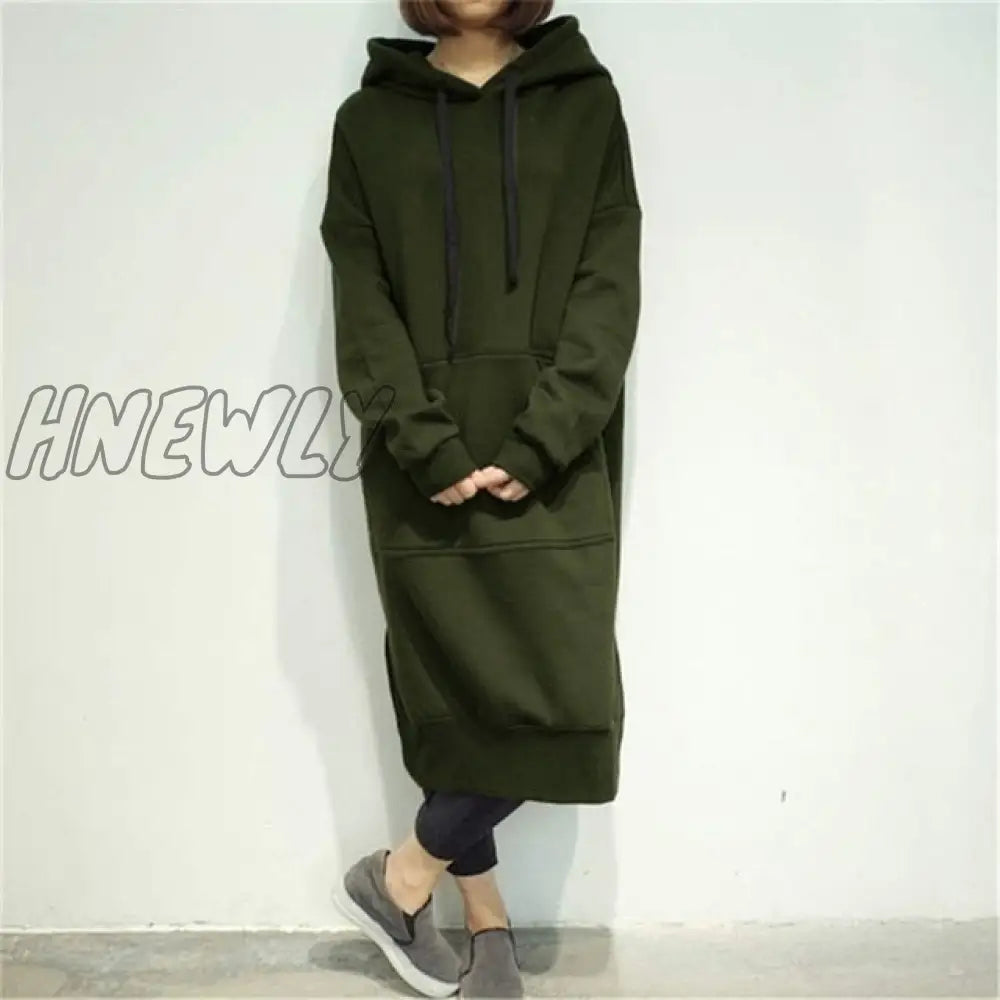 Hnewly Women Casual Hooded Dress Solid Drawsting Long Sleeve Sweatshirts Autumn Winter Oversized