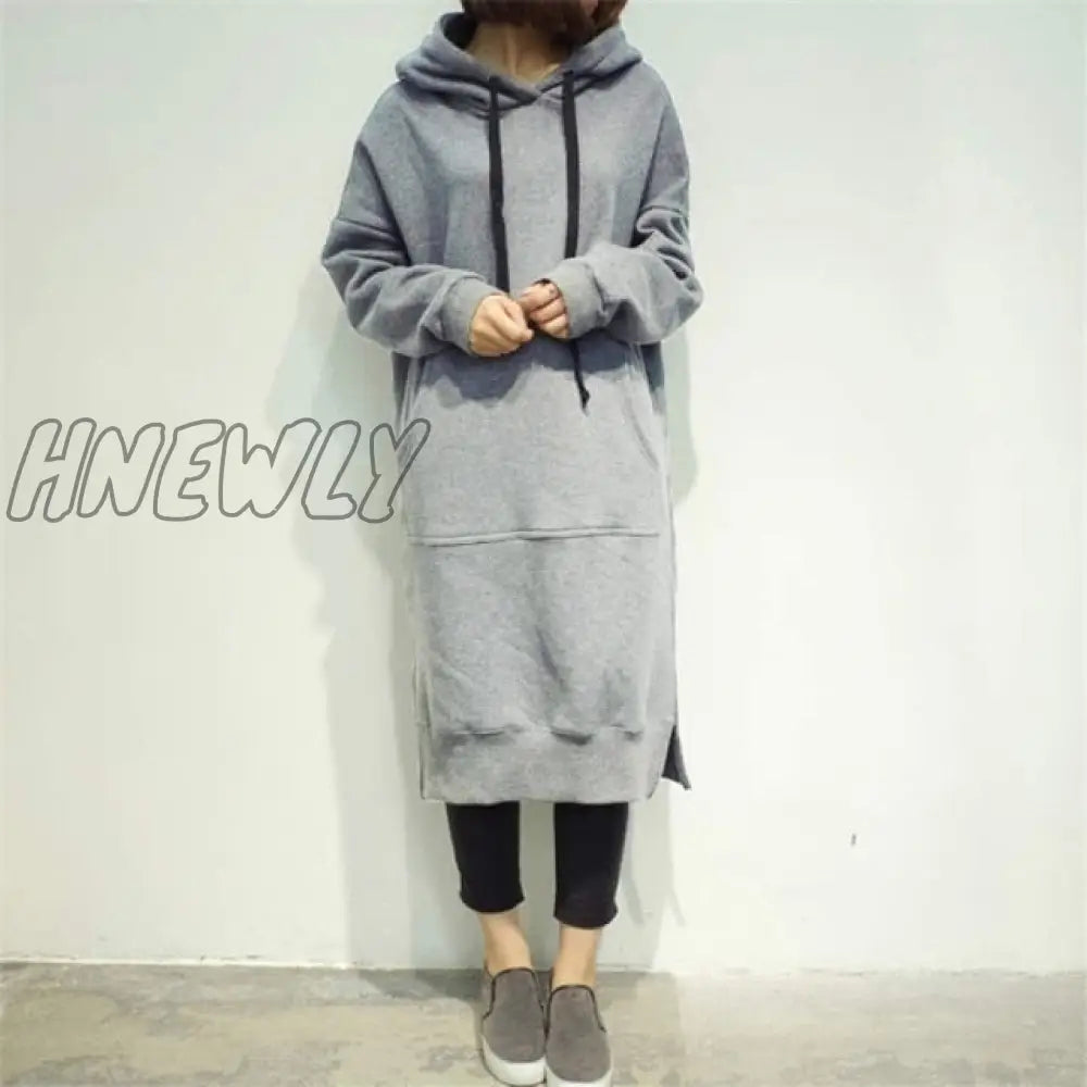 Hnewly Women Casual Hooded Dress Solid Drawsting Long Sleeve Sweatshirts Autumn Winter Oversized