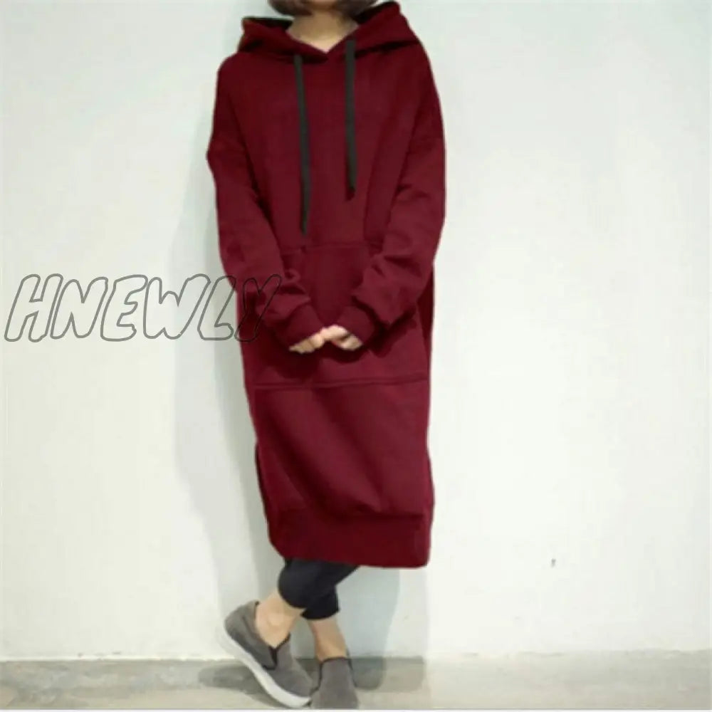 Hnewly Women Casual Hooded Dress Solid Drawsting Long Sleeve Sweatshirts Autumn Winter Oversized