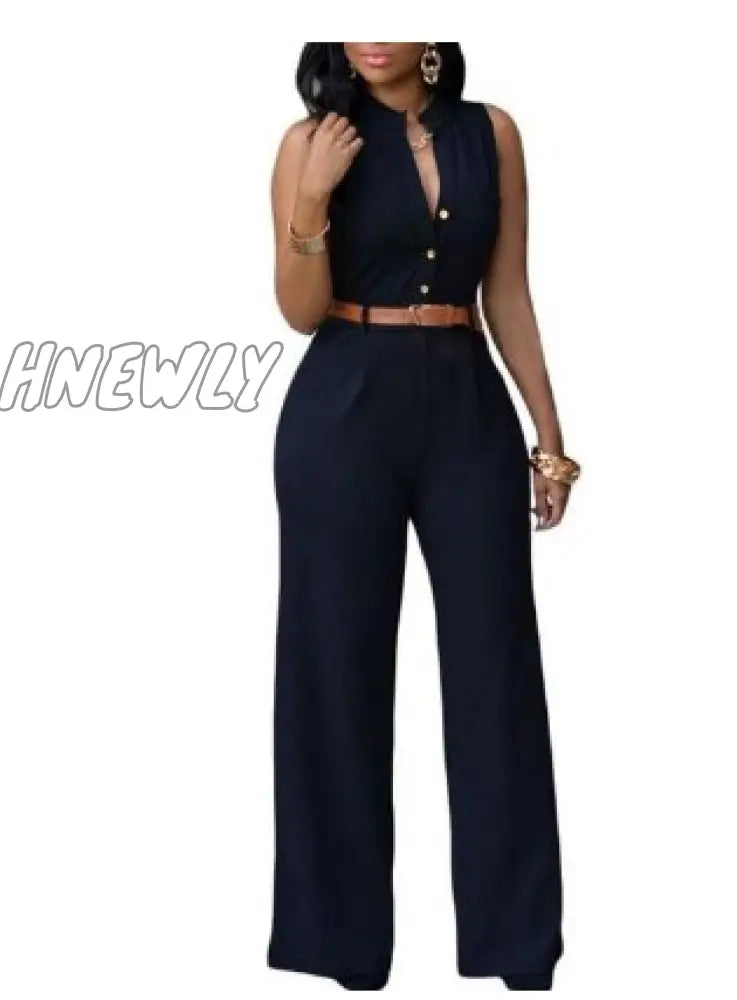 Hnewly Women Casual Sleeveless One Piece Romper Office Sexy V-Neck Shirt Jumpsuit Fashion Wide Leg