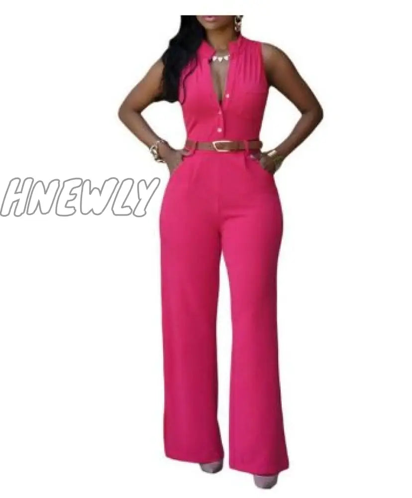 Hnewly Women Casual Sleeveless One Piece Romper Office Sexy V-Neck Shirt Jumpsuit Fashion Wide Leg