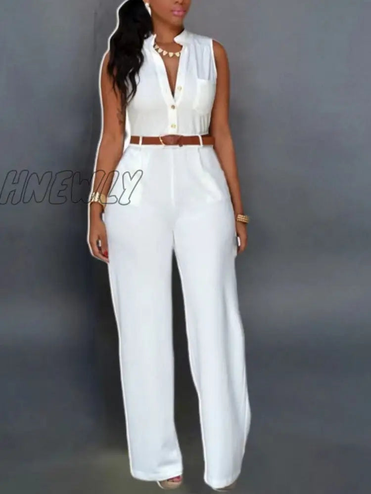 Hnewly Women Casual Sleeveless One Piece Romper Office Sexy V-Neck Shirt Jumpsuit Fashion Wide Leg