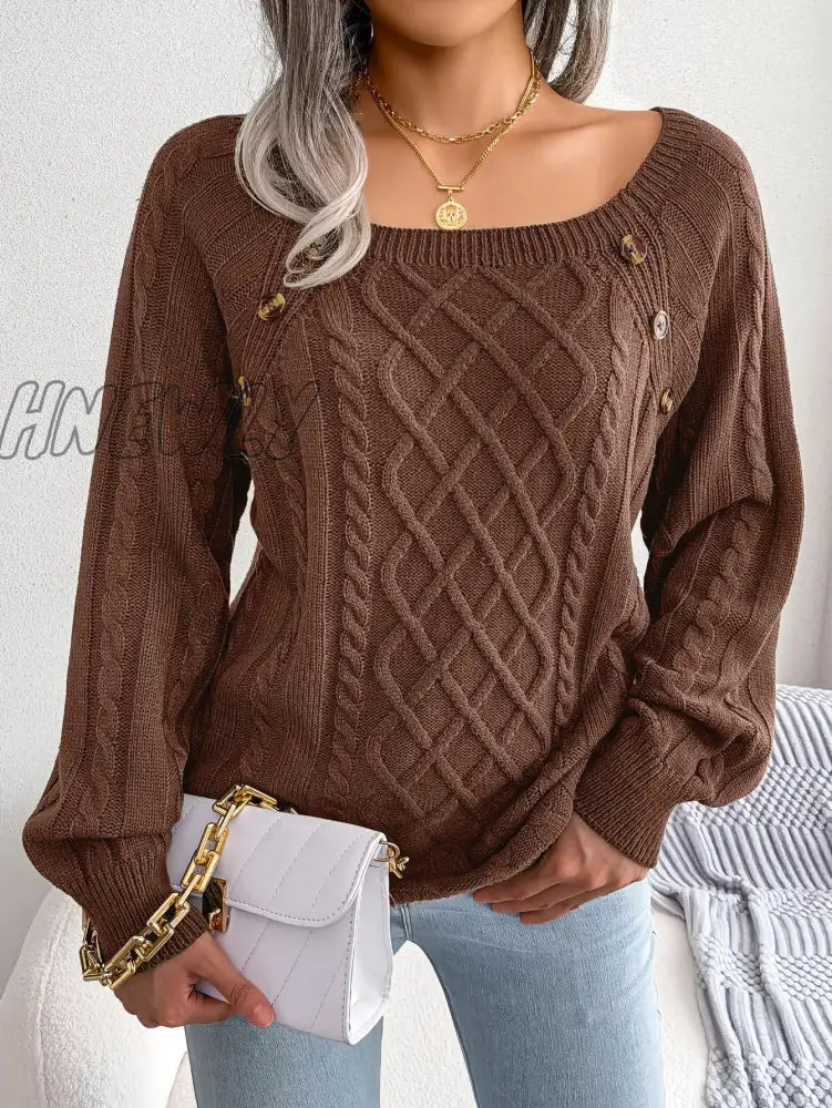 Hnewly Women Casual Square Collar Buttons Long Sleeve Knitted Pullovers And Sweaters For Autumn