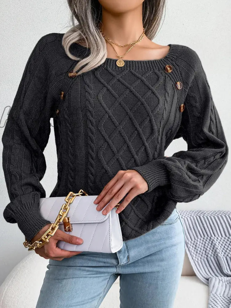 Hnewly Women Casual Square Collar Buttons Long Sleeve Knitted Pullovers And Sweaters For Autumn