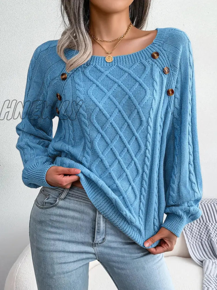 Hnewly Women Casual Square Collar Buttons Long Sleeve Knitted Pullovers And Sweaters For Autumn