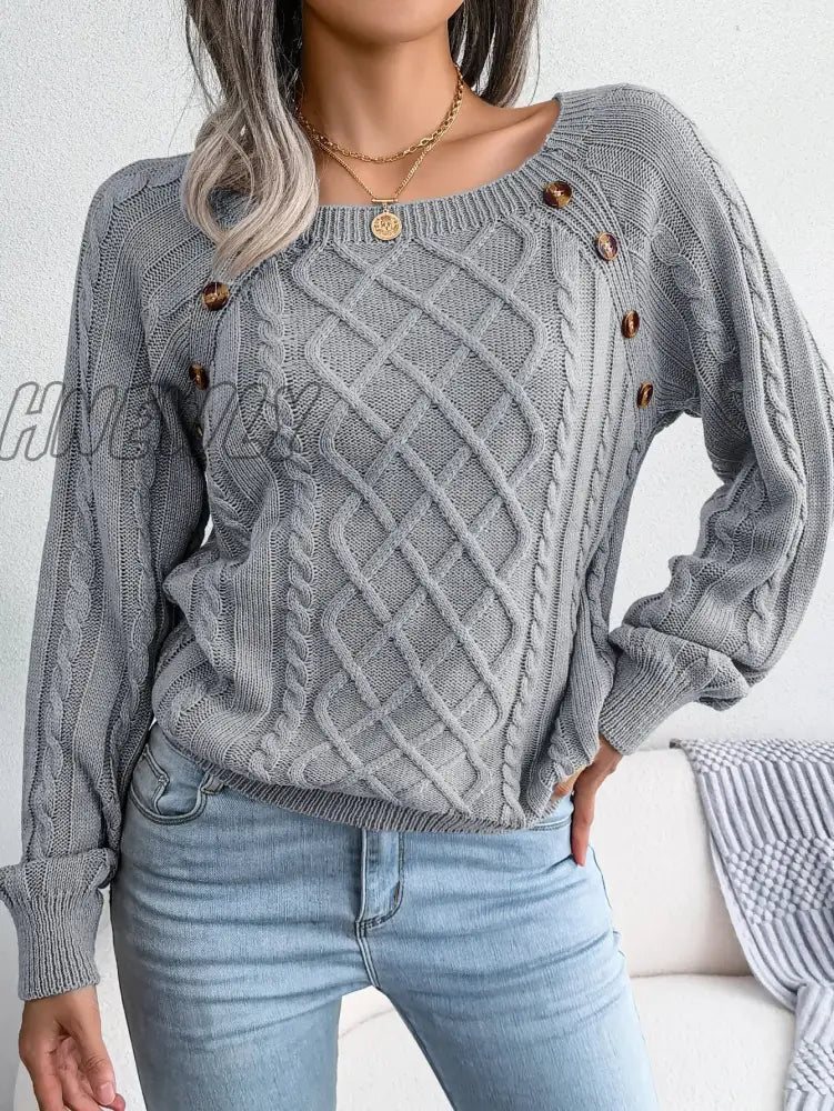 Hnewly Women Casual Square Collar Buttons Long Sleeve Knitted Pullovers And Sweaters For Autumn