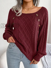 Hnewly Women Casual Square Collar Buttons Long Sleeve Knitted Pullovers And Sweaters For Autumn